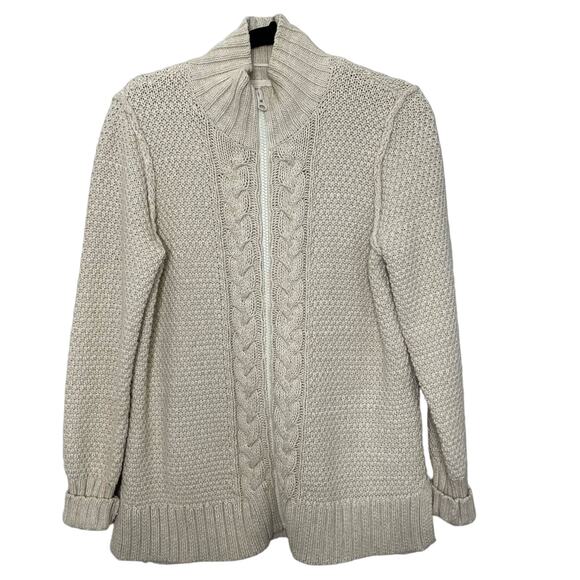 Ruff Hewn Sweater Jacket Cable Knit Zip Up Mock Neck Long Sleeve Cream PL Granny - Picture 1 of 12